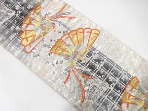 檜扇に桜・尾長鶏模様織出し袋帯